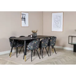 Ruokailuryhmä Venture Home, 180x90cm Dipp-pöytä + 6 mustaa Velvet-tuolia, kukkakuosi