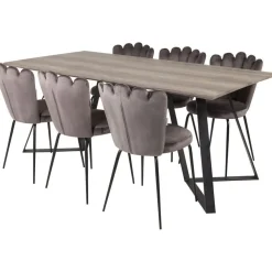 Ruokailuryhmä Venture Home, 180x90cm harmaa/musta Marina-pöytä+ 6 harmaata Limhamn Light -tuolia, sametti