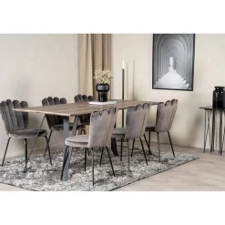 Ruokailuryhmä Venture Home, 180x90cm harmaa/musta Marina-pöytä+ 6 harmaata Limhamn Light -tuolia, sametti