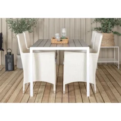 Ruokailuryhmä Venture Home, 150x90cm harmaa/valkoinen Break-pöytä + 4 valkoista Malin-tuolia