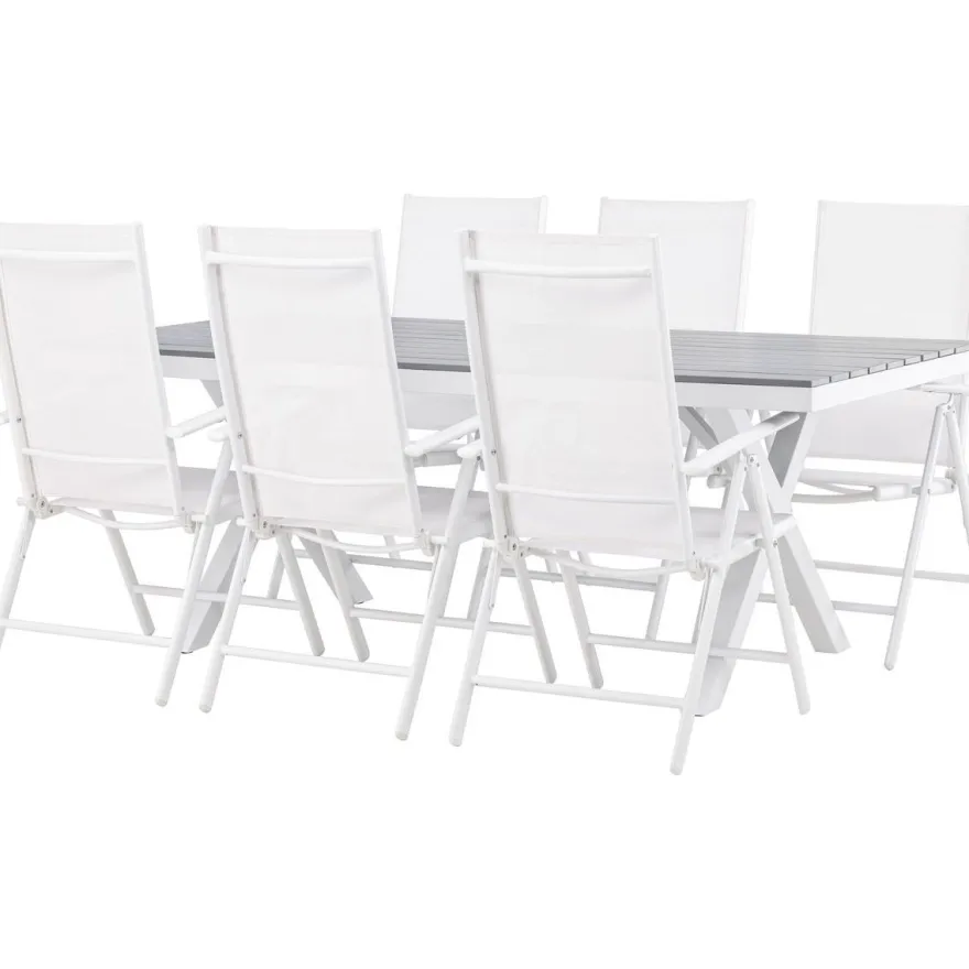 Ruokailuryhmä Venture Home, 200x100cm harmaa/valkoinen Garcia-pöytä + 6 valkoista Break-tuolia