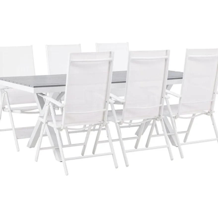Ruokailuryhmä Venture Home, 200x100cm harmaa/valkoinen Garcia-pöytä + 6 valkoista Break-tuolia