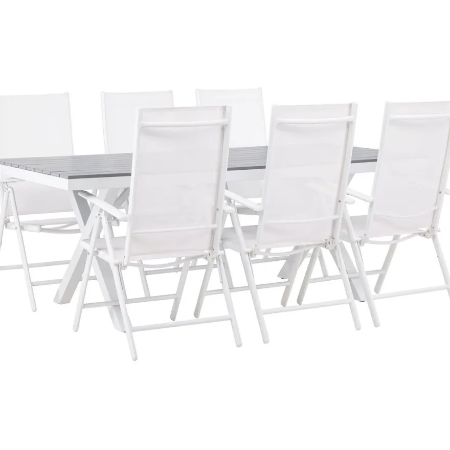 Ruokailuryhmä Venture Home, 200x100cm harmaa/valkoinen Garcia-pöytä + 6 valkoista Break-tuolia