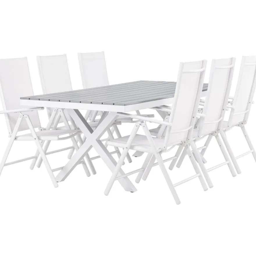 Ruokailuryhmä Venture Home, 200x100cm harmaa/valkoinen Garcia-pöytä + 6 valkoista Break-tuolia