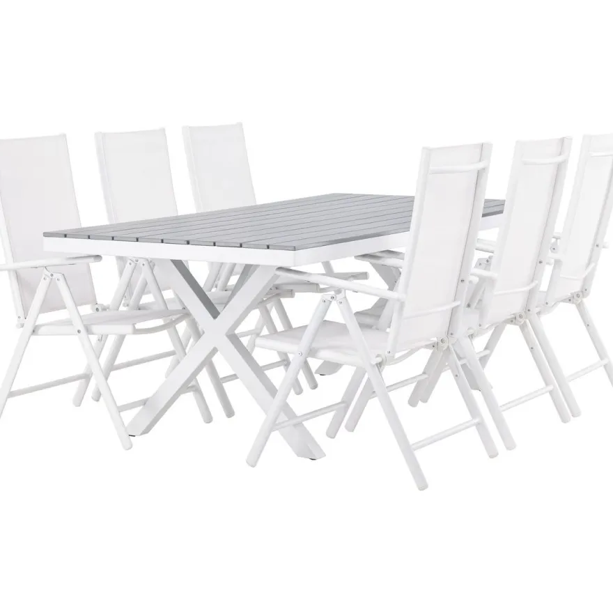 Ruokailuryhmä Venture Home, 200x100cm harmaa/valkoinen Garcia-pöytä + 6 valkoista Break-tuolia
