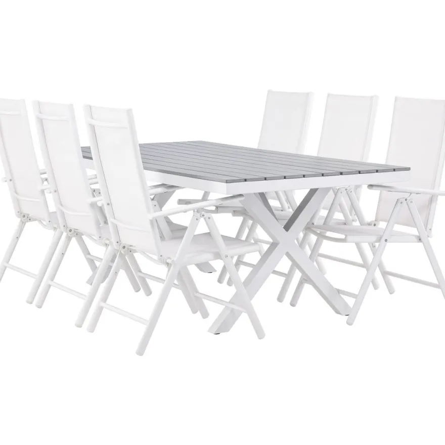 Ruokailuryhmä Venture Home, 200x100cm harmaa/valkoinen Garcia-pöytä + 6 valkoista Break-tuolia