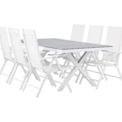 Ruokailuryhmä Venture Home, 200x100cm harmaa/valkoinen Garcia-pöytä + 6 valkoista Break-tuolia