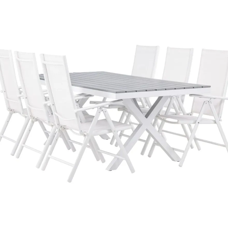 Ruokailuryhmä Venture Home, 200x100cm harmaa/valkoinen Garcia-pöytä + 6 valkoista Break-tuolia