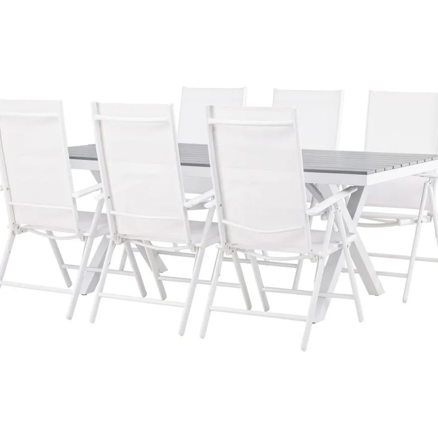 Ruokailuryhmä Venture Home, 200x100cm harmaa/valkoinen Garcia-pöytä + 6 valkoista Break-tuolia
