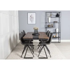 Ruokailuryhmä Venture Home, 200x90cm Jakarta-pöytä + 6 mustaa Polar-tuolia, pyörimisominaisuus, keinonahka