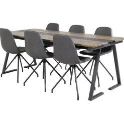 Ruokailuryhmä Venture Home, 200x90cm Jakarta-pöytä + 6 mustaa Polar-tuolia, pyörimisominaisuus, keinonahka