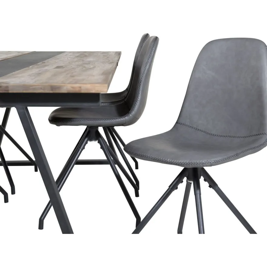 Ruokailuryhmä Venture Home, 200x90cm Jakarta-pöytä + 6 mustaa Polar-tuolia, pyörimisominaisuus, keinonahka