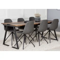 Ruokailuryhmä Venture Home, 200x90cm Jakarta-pöytä + 6 mustaa Polar-tuolia, pyörimisominaisuus, keinonahka