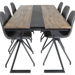 Ruokailuryhmä Venture Home, 200x90cm Jakarta-pöytä + 6 mustaa Polar-tuolia, pyörimisominaisuus, keinonahka