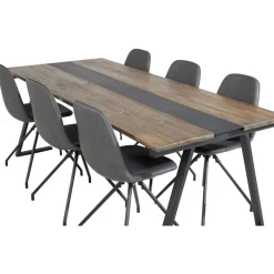 Ruokailuryhmä Venture Home, 200x90cm Jakarta-pöytä + 6 mustaa Polar-tuolia, pyörimisominaisuus, keinonahka