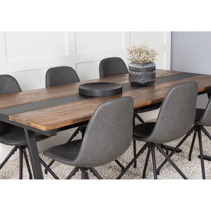 Ruokailuryhmä Venture Home, 200x90cm Jakarta-pöytä + 6 mustaa Polar-tuolia, pyörimisominaisuus, keinonahka