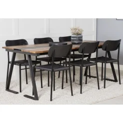 Ruokailuryhmä Venture Home, 200x90cm Jakarta-pöytä + 6 mustaa Polly-tuolia