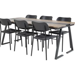 Ruokailuryhmä Venture Home, 200x90cm Jakarta-pöytä + 6 mustaa Polly-tuolia