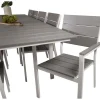 Ruokailuryhmä Venture Home, 229/310x100cm jatkettava harmaa/valkoinen Levels-pöytä + 10 harmaa/valkoista, pinottavaa Levels-tuolia