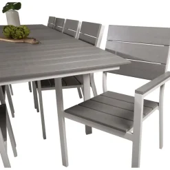 Ruokailuryhmä Venture Home, 229/310x100cm jatkettava harmaa/valkoinen Levels-pöytä + 10 harmaa/valkoista, pinottavaa Levels-tuolia