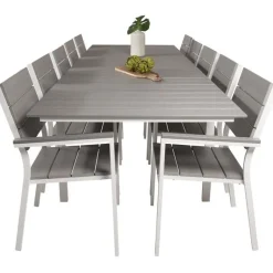 Ruokailuryhmä Venture Home, 229/310x100cm jatkettava harmaa/valkoinen Levels-pöytä + 10 harmaa/valkoista, pinottavaa Levels-tuolia