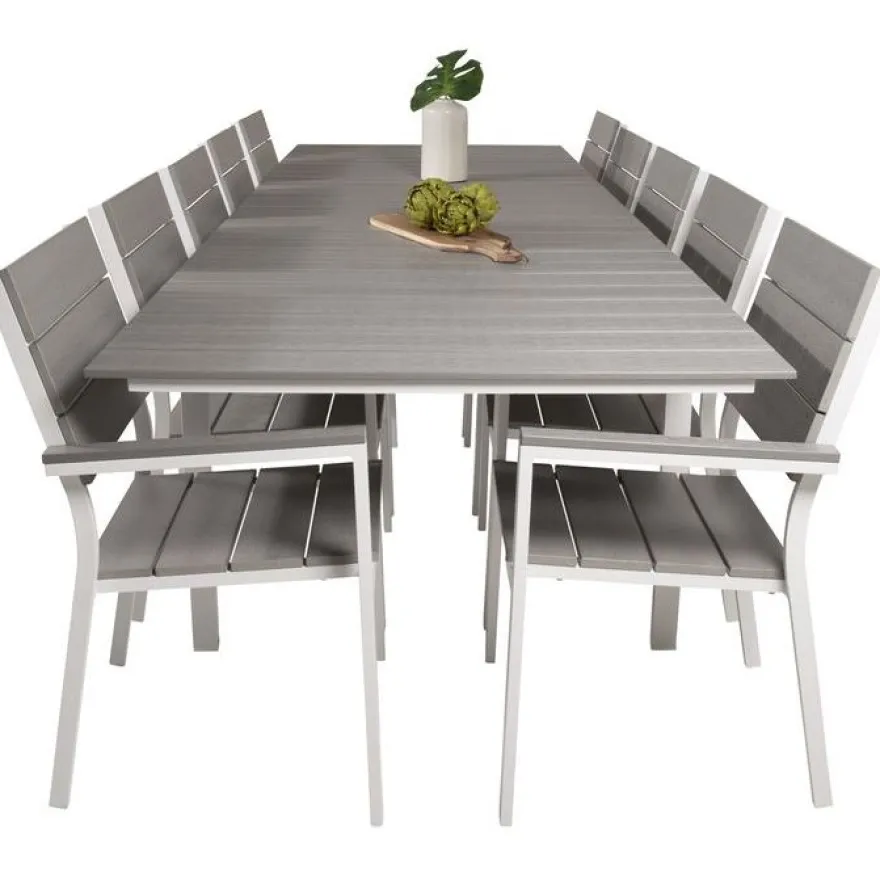 Ruokailuryhmä Venture Home, 229/310x100cm jatkettava harmaa/valkoinen Levels-pöytä + 10 harmaa/valkoista, pinottavaa Levels-tuolia