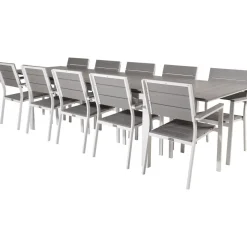 Ruokailuryhmä Venture Home, 229/310x100cm jatkettava harmaa/valkoinen Levels-pöytä + 10 harmaa/valkoista, pinottavaa Levels-tuolia