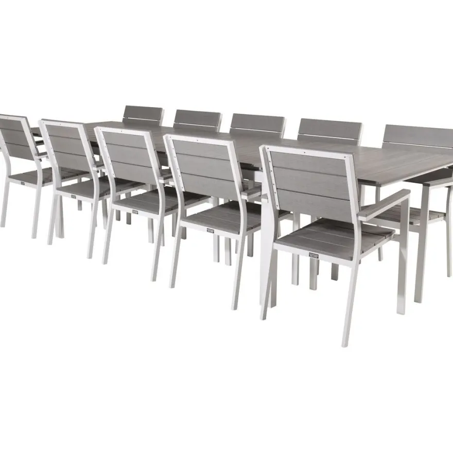 Ruokailuryhmä Venture Home, 229/310x100cm jatkettava harmaa/valkoinen Levels-pöytä + 10 harmaa/valkoista, pinottavaa Levels-tuolia