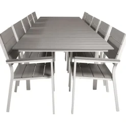 Ruokailuryhmä Venture Home, 229/310x100cm jatkettava harmaa/valkoinen Levels-pöytä + 10 harmaa/valkoista, pinottavaa Levels-tuolia