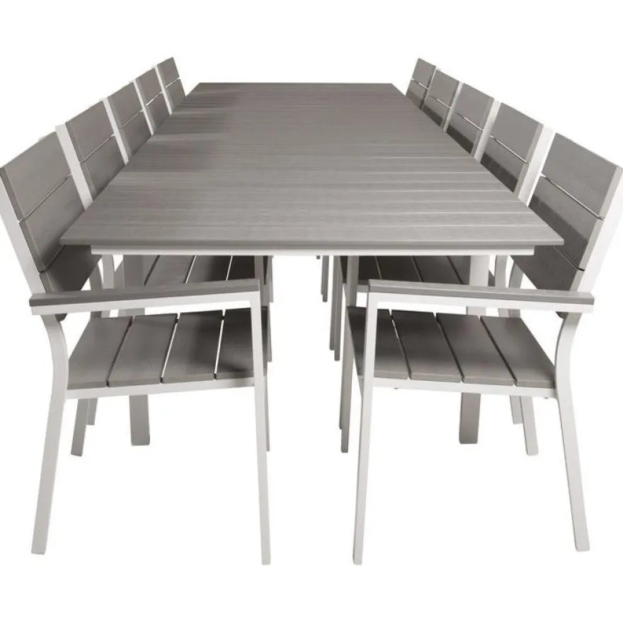 Ruokailuryhmä Venture Home, 229/310x100cm jatkettava harmaa/valkoinen Levels-pöytä + 10 harmaa/valkoista, pinottavaa Levels-tuolia