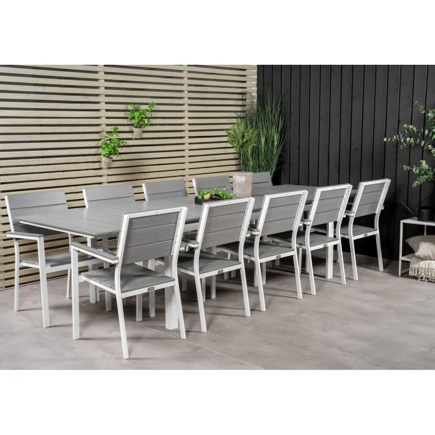 Ruokailuryhmä Venture Home, 229/310x100cm jatkettava harmaa/valkoinen Levels-pöytä + 10 harmaa/valkoista, pinottavaa Levels-tuolia