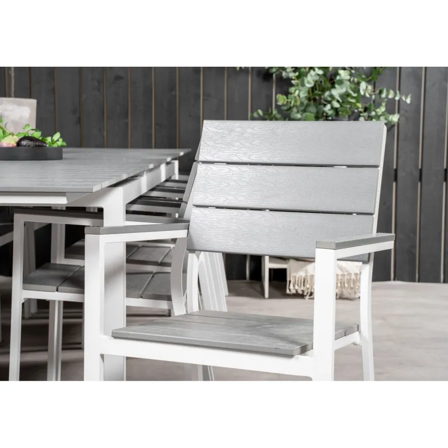 Ruokailuryhmä Venture Home, 229/310x100cm jatkettava harmaa/valkoinen Levels-pöytä + 10 harmaa/valkoista, pinottavaa Levels-tuolia
