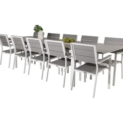 Ruokailuryhmä Venture Home, 229/310x100cm jatkettava harmaa/valkoinen Levels-pöytä + 10 harmaa/valkoista, pinottavaa Levels-tuolia