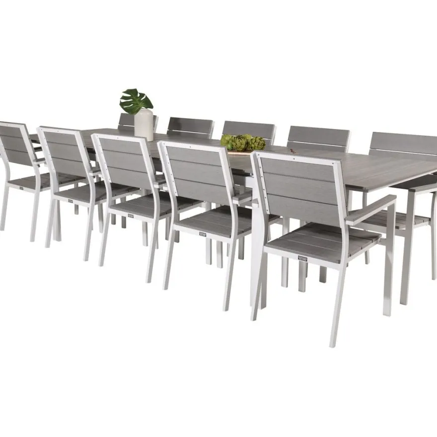 Ruokailuryhmä Venture Home, 229/310x100cm jatkettava harmaa/valkoinen Levels-pöytä + 10 harmaa/valkoista, pinottavaa Levels-tuolia