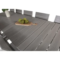 Ruokailuryhmä Venture Home, 229/310x100cm jatkettava harmaa/valkoinen Levels-pöytä + 10 harmaa/valkoista, pinottavaa Levels-tuolia