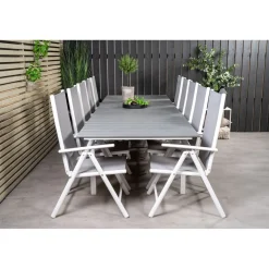 Ruokailuryhmä Venture Home, 229/310x100cm jatkettava harmaa/valkoinen Levels-pöytä + 10 harmaa/valkoista Break-säätötuolia