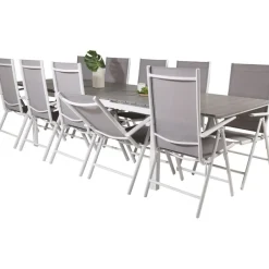 Ruokailuryhmä Venture Home, 229/310x100cm jatkettava harmaa/valkoinen Levels-pöytä + 10 harmaa/valkoista Break-säätötuolia