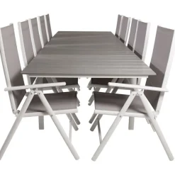 Ruokailuryhmä Venture Home, 229/310x100cm jatkettava harmaa/valkoinen Levels-pöytä + 10 harmaa/valkoista Break-säätötuolia