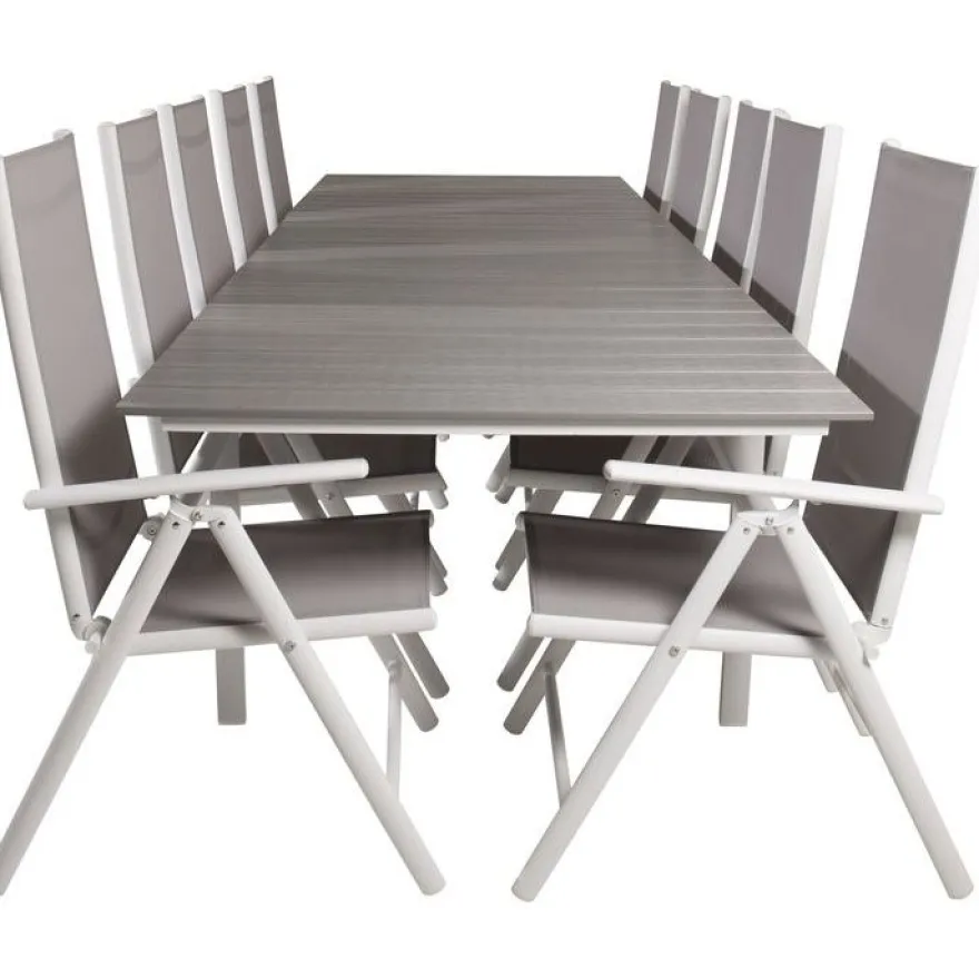 Ruokailuryhmä Venture Home, 229/310x100cm jatkettava harmaa/valkoinen Levels-pöytä + 10 harmaa/valkoista Break-säätötuolia