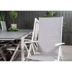 Ruokailuryhmä Venture Home, 229/310x100cm jatkettava harmaa/valkoinen Levels-pöytä + 10 harmaa/valkoista Break-säätötuolia