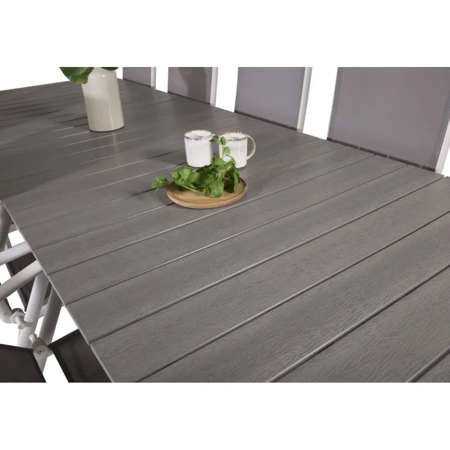 Ruokailuryhmä Venture Home, 229/310x100cm jatkettava harmaa/valkoinen Levels-pöytä + 10 harmaa/valkoista Break-säätötuolia