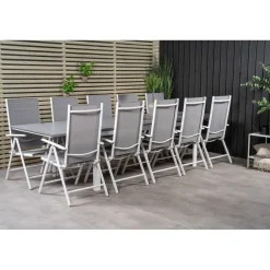 Ruokailuryhmä Venture Home, 229/310x100cm jatkettava harmaa/valkoinen Levels-pöytä + 10 harmaa/valkoista Break-säätötuolia