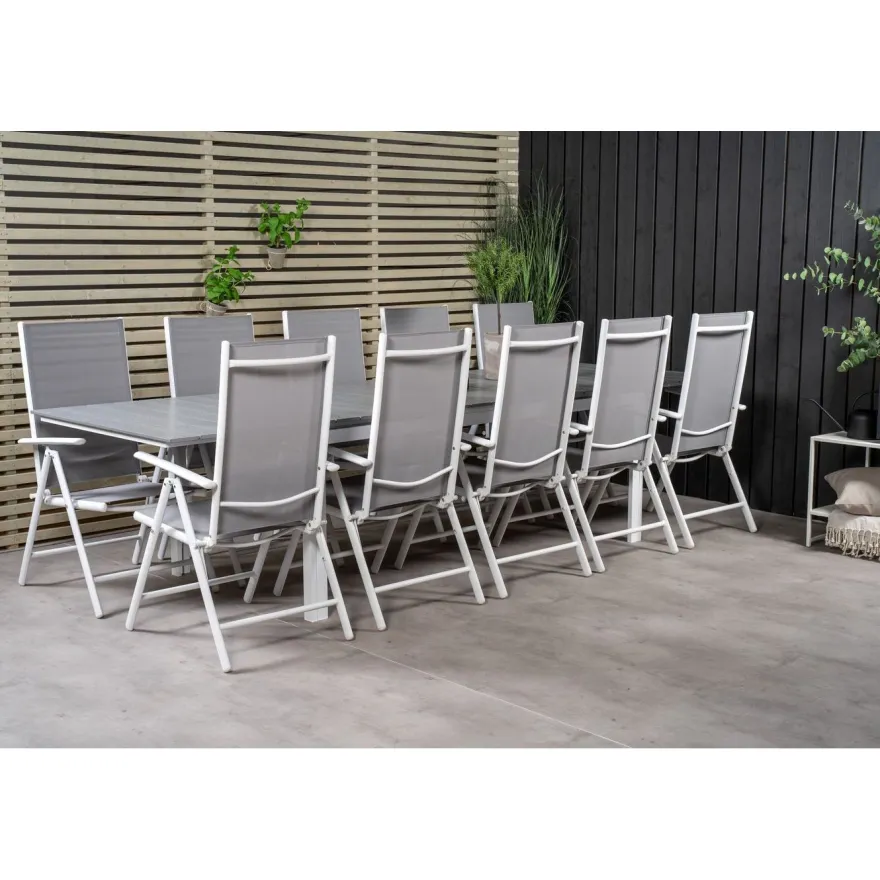 Ruokailuryhmä Venture Home, 229/310x100cm jatkettava harmaa/valkoinen Levels-pöytä + 10 harmaa/valkoista Break-säätötuolia