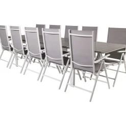 Ruokailuryhmä Venture Home, 229/310x100cm jatkettava harmaa/valkoinen Levels-pöytä + 10 harmaa/valkoista Break-säätötuolia