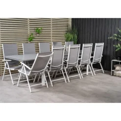 Ruokailuryhmä Venture Home, 229/310x100cm jatkettava harmaa/valkoinen Levels-pöytä + 10 harmaa/valkoista Break-säätötuolia