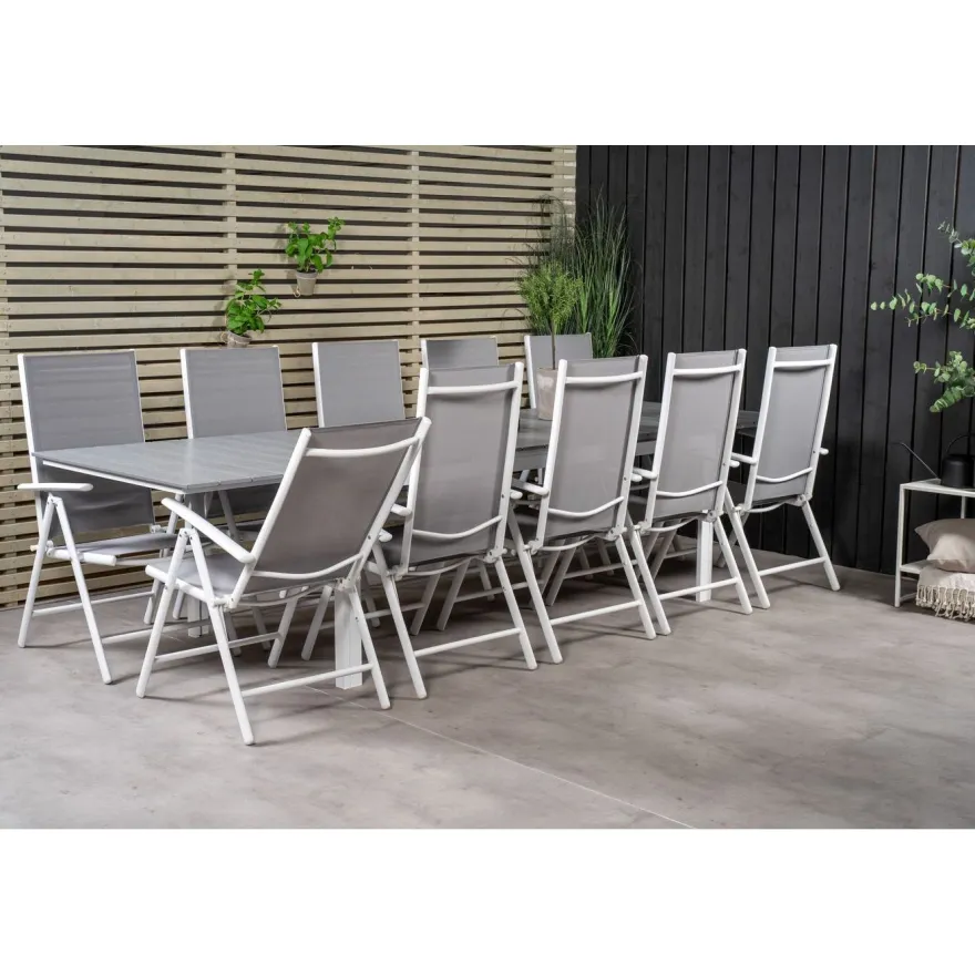 Ruokailuryhmä Venture Home, 229/310x100cm jatkettava harmaa/valkoinen Levels-pöytä + 10 harmaa/valkoista Break-säätötuolia