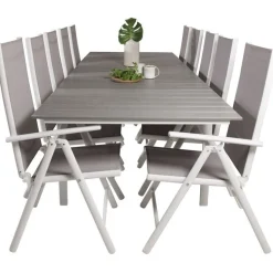 Ruokailuryhmä Venture Home, 229/310x100cm jatkettava harmaa/valkoinen Levels-pöytä + 10 harmaa/valkoista Break-säätötuolia