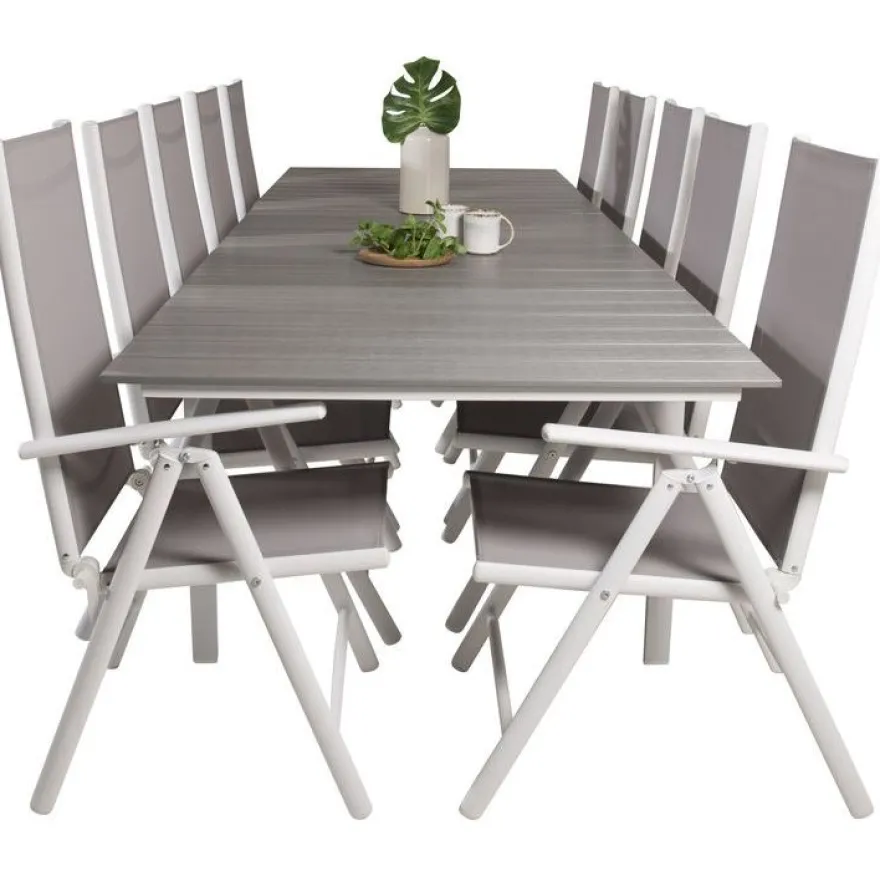 Ruokailuryhmä Venture Home, 229/310x100cm jatkettava harmaa/valkoinen Levels-pöytä + 10 harmaa/valkoista Break-säätötuolia