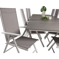 Ruokailuryhmä Venture Home, 229/310x100cm jatkettava harmaa/valkoinen Levels-pöytä + 10 harmaa/valkoista Break-säätötuolia