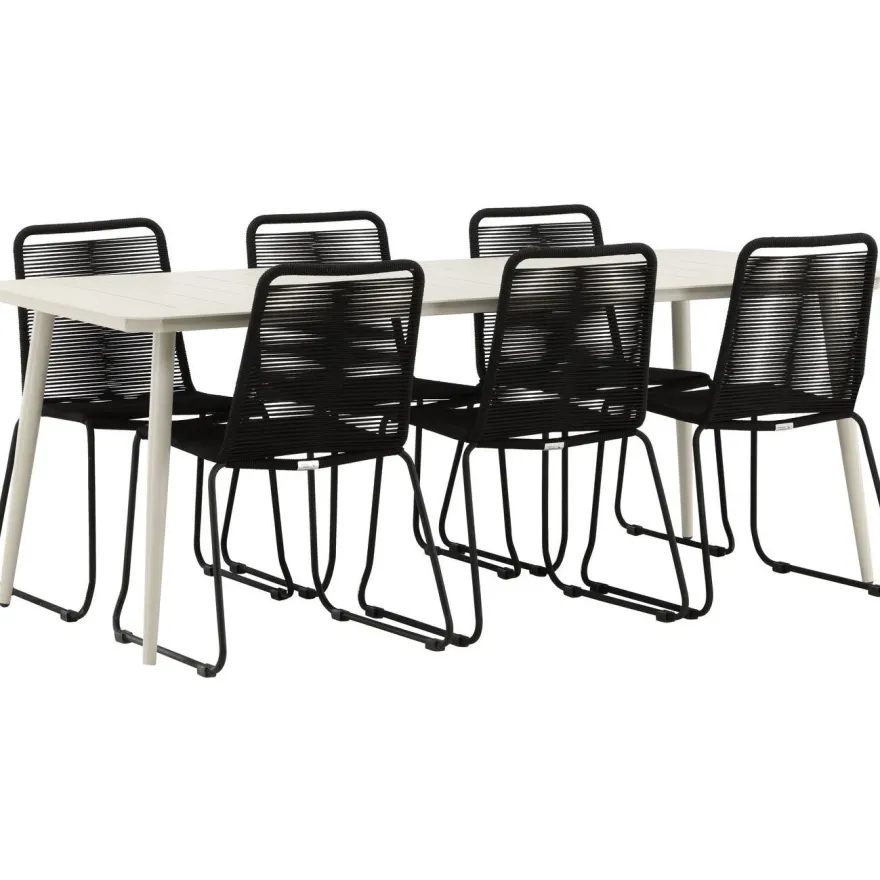 Ruokailuryhmä Venture Home, 200x90cm Lina-pöytä + 6 mustaa Lindos-tuolia